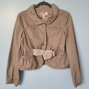Mango Women's Tan Belted Cropped Button Down Utility Lightweight Jacket